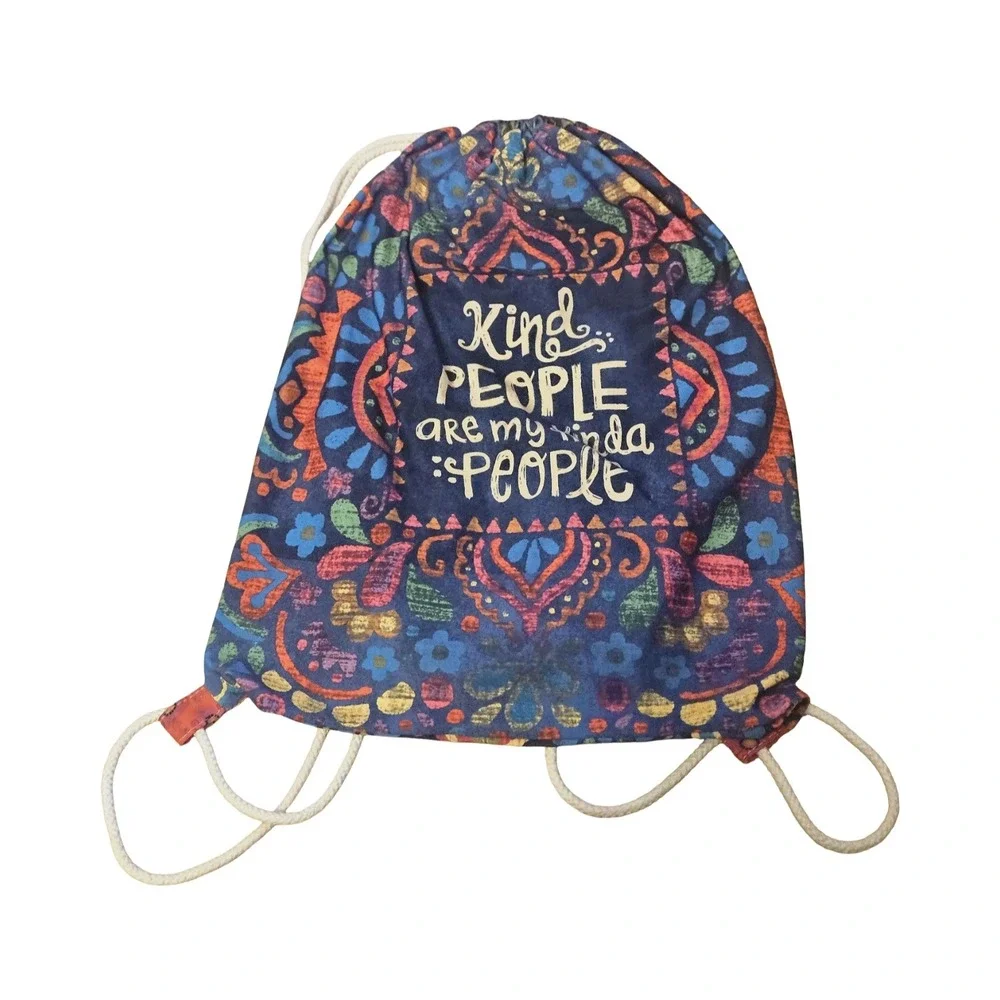Kind People Are My Kinda People Drawstring Backpack Mandala‎ Floral Boho Navy